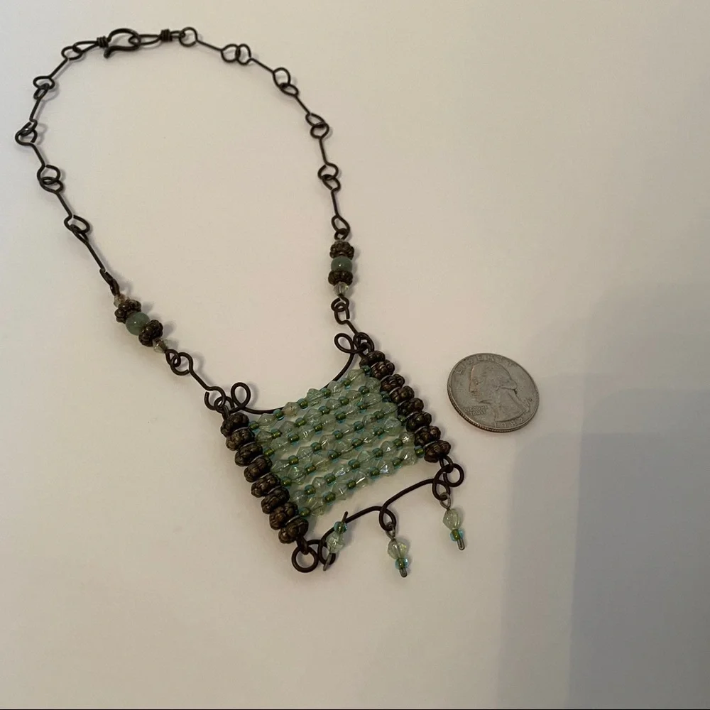 NECKLACE CHOKER GREEN BEADS CRYSTALS PEWTER COLOR PIN ART BOHEMIAN BOHO 16”
